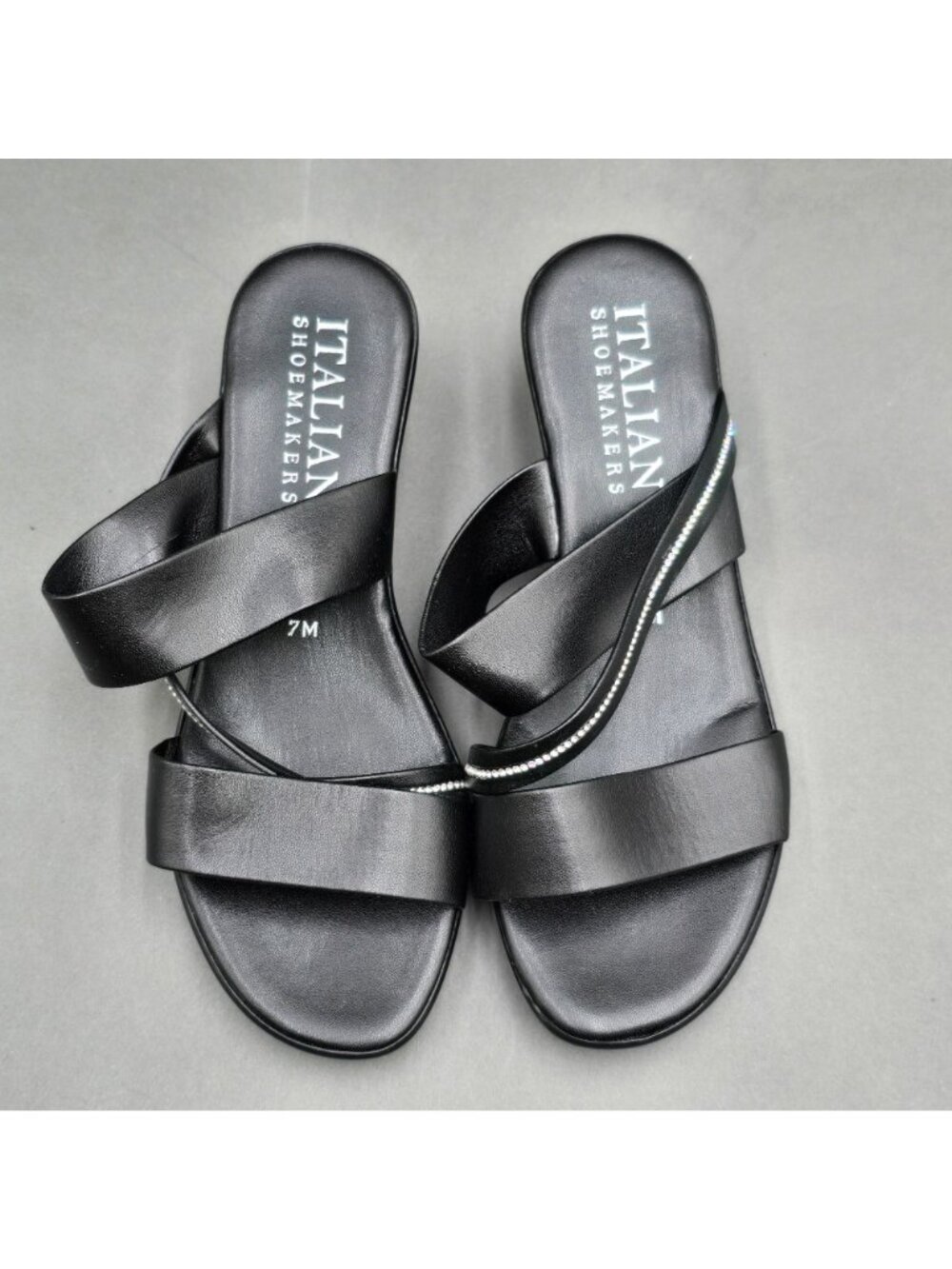 Italian Shoemakers Remus Black Slide Sandals Size 7 M Crystal Trim Wedge Heel - Picture 2 of 8